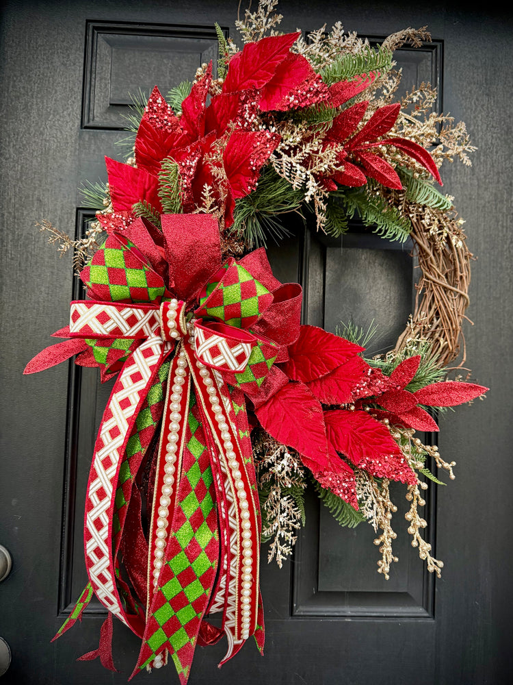 Christmas Wreath with Large Designer Bow with Pearl Accents for Winter