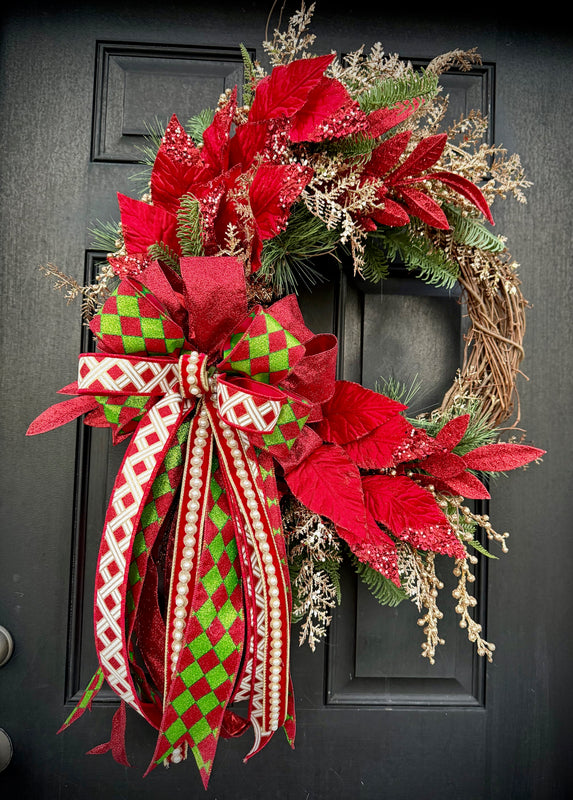 Christmas Wreath with Large Designer Bow with Pearl Accents for Winter