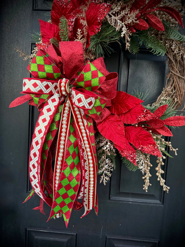 Christmas Wreath with Large Designer Bow with Pearl Accents for Winter