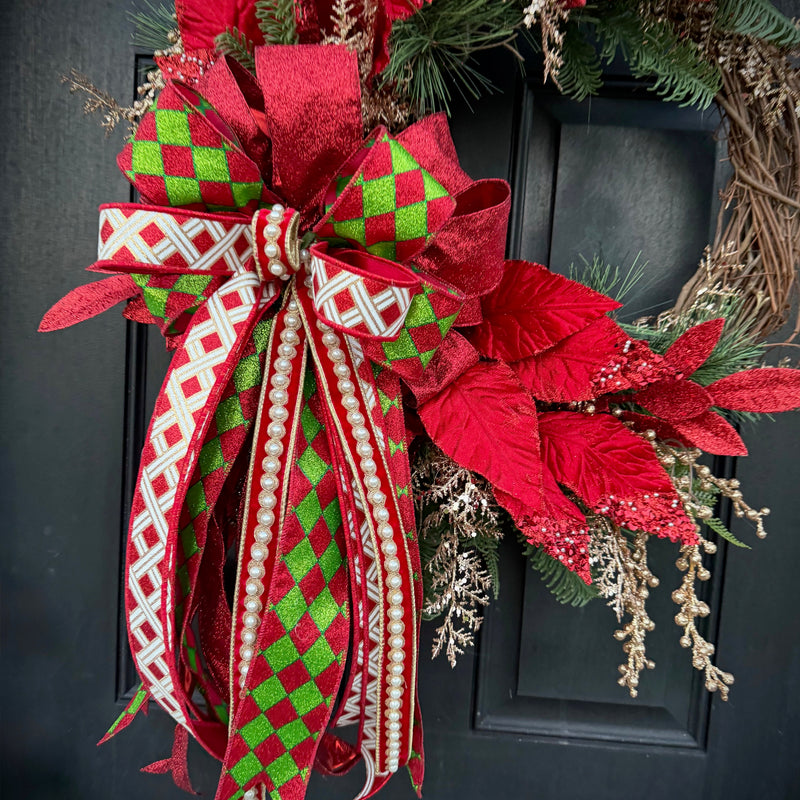 Christmas Wreath with Large Designer Bow with Pearl Accents for Winter