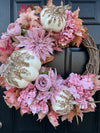 Glam Autumn Mauve Wreath with Faux Florals and Textured Accents.