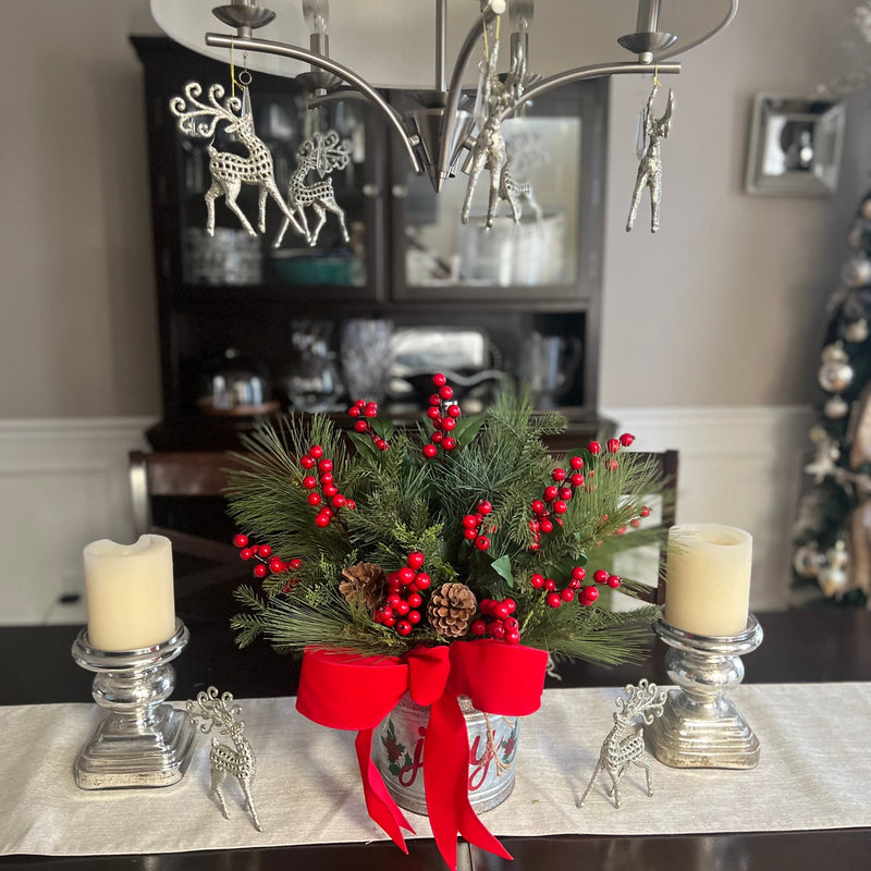 Classic Winter Arrangement in Galvanized Base with Winter Greens and Berries