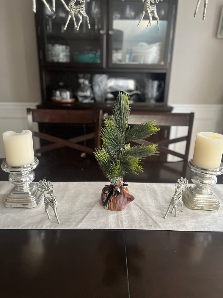 Mini Christmas Tree with Animal Print Wrap, Black Velvet Bow and Rustic Golden Bell