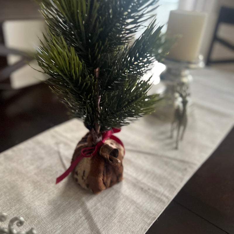 Mini Christmas Tree with Animal Print Wrap, Red Velvet Bow and Rustic Golden Bell