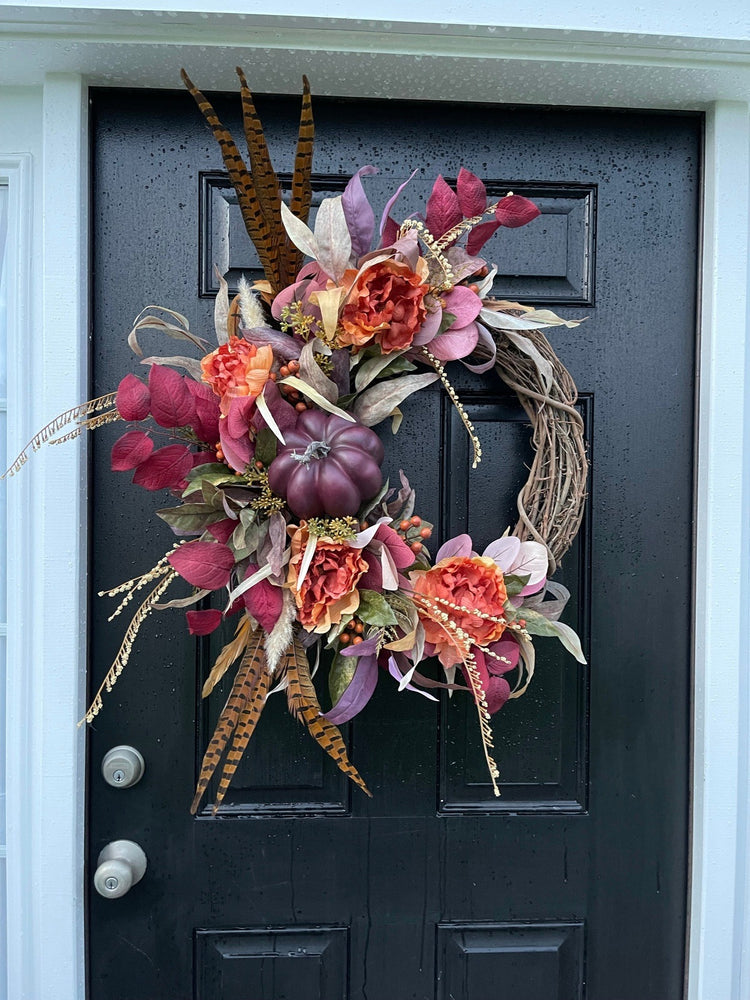 Autumn Harvest Wreath with Pumpkins and Peonies