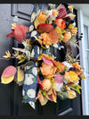 Autumn Peony Wreath w Blue and Orange Accents, Wreath with Faux Florals and Textured Accents.