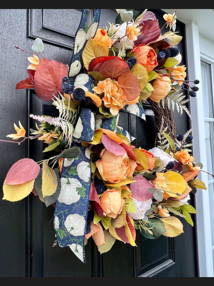 Autumn Peony Wreath w Blue and Orange Accents, Wreath with Faux Florals and Textured Accents.
