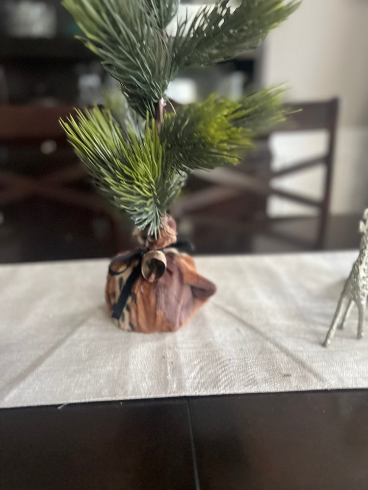 Mini Christmas Tree with Animal Print Wrap, Black Velvet Bow and Rustic Golden Bell