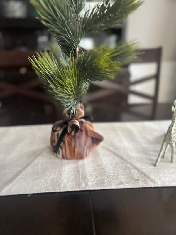 Mini Christmas Tree with Animal Print Wrap, Black Velvet Bow and Rustic Golden Bell