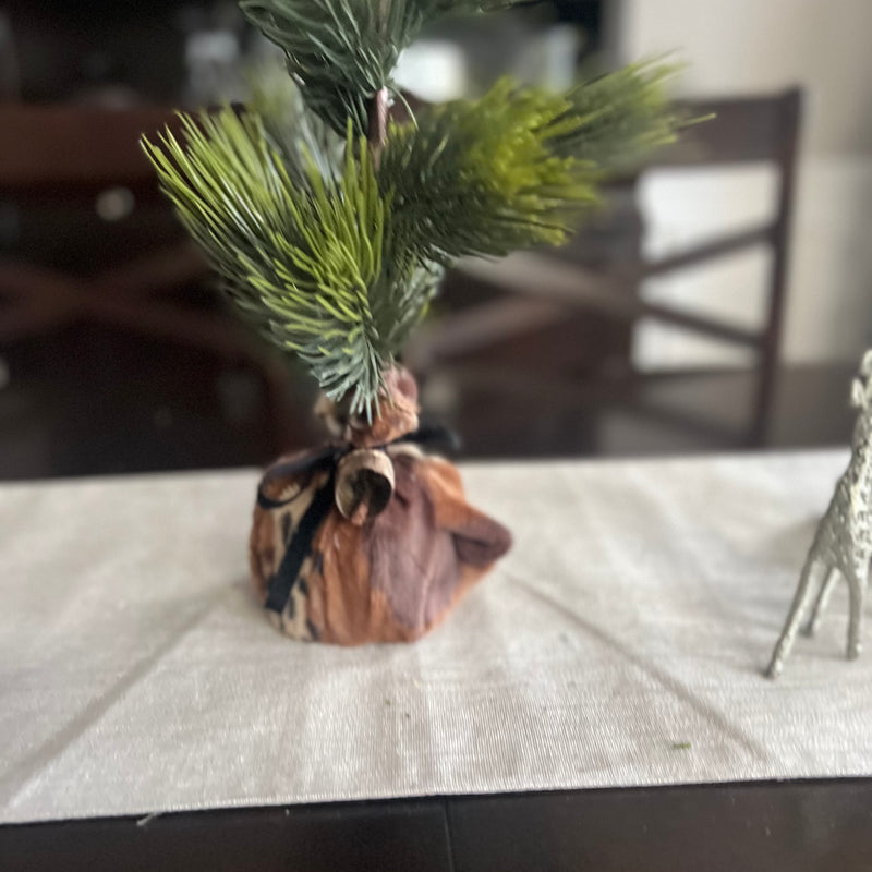 Mini Christmas Tree with Animal Print Wrap, Black Velvet Bow and Rustic Golden Bell