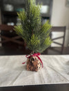 Mini Christmas Tree with Animal Print Wrap, Red Velvet Bow and Rustic Golden Bell