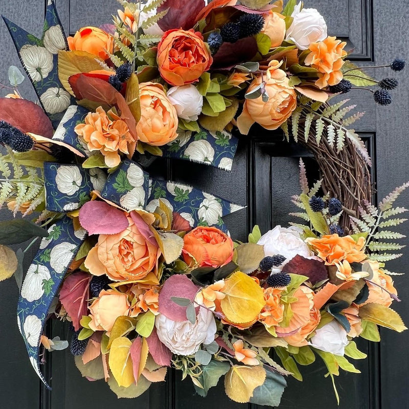 Autumn Peony Wreath w Blue and Orange Accents, Wreath with Faux Florals and Textured Accents.