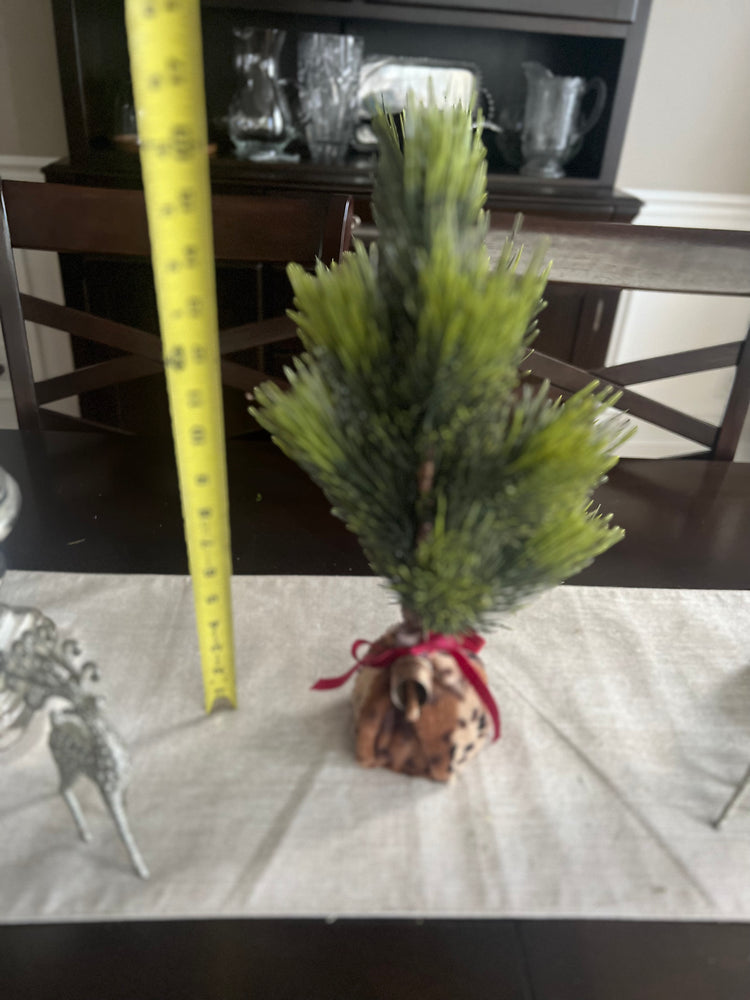 Mini Christmas Tree with Animal Print Wrap, Red Velvet Bow and Rustic Golden Bell