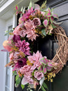 Autumn Mauve Wreath with Faux Florals and Textured Accents.