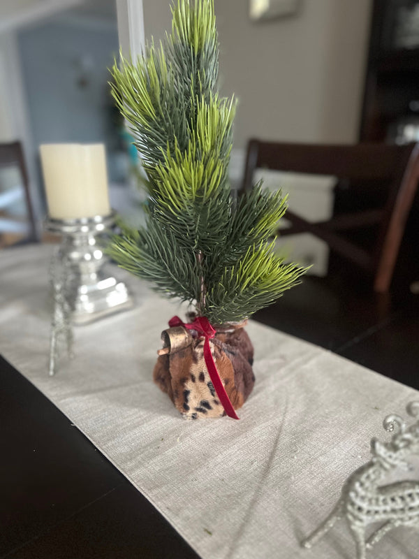 Mini Christmas Tree with Animal Print Wrap, Red Velvet Bow and Rustic Golden Bell