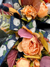Autumn Peony Wreath w Blue and Orange Accents, Wreath with Faux Florals and Textured Accents.