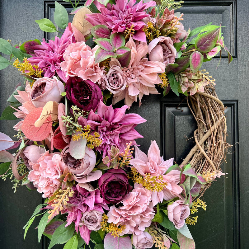 Autumn Mauve Wreath with Faux Florals and Textured Accents.