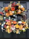 Autumn Peony Wreath w Blue and Orange Accents, Wreath with Faux Florals and Textured Accents.