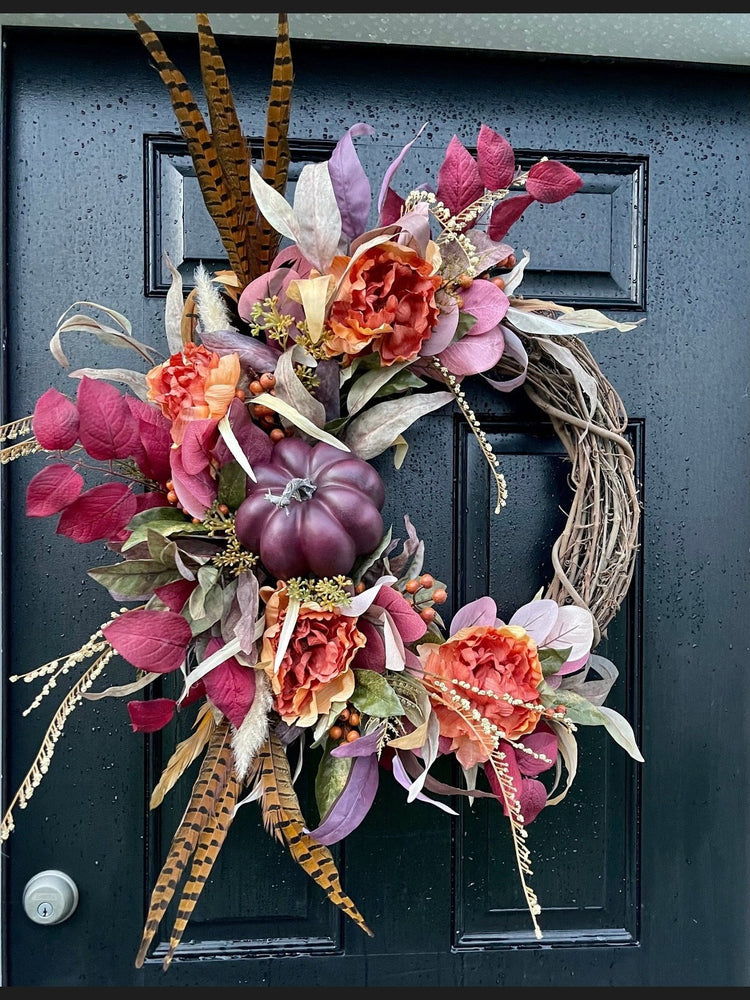 Autumn Harvest Wreath with Pumpkins and Peonies