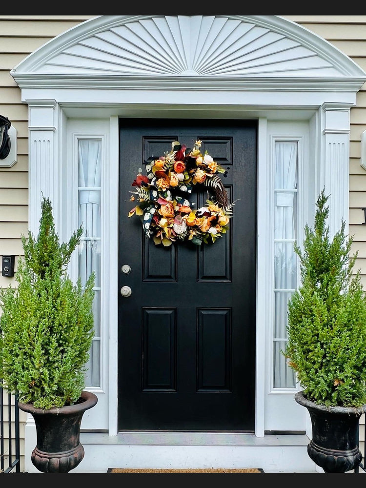 Autumn Peony Wreath w Blue and Orange Accents, Wreath with Faux Florals and Textured Accents.