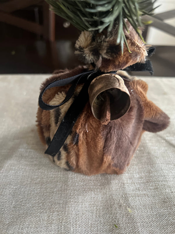 Mini Christmas Tree with Animal Print Wrap, Red Velvet Bow and Rustic Golden Bell