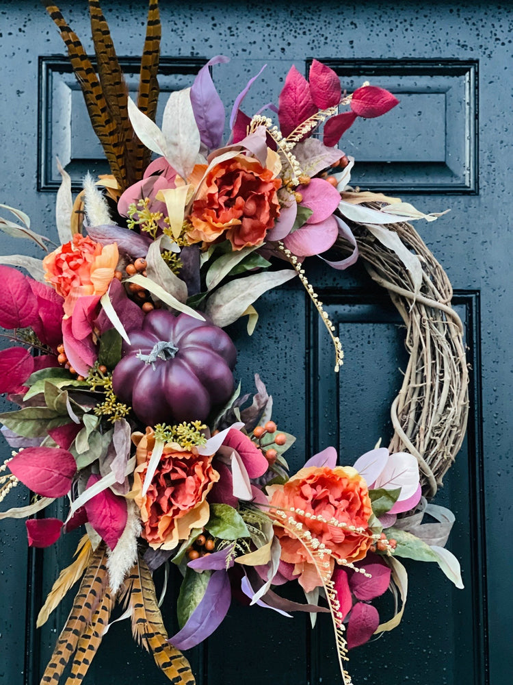 Autumn Harvest Wreath with Pumpkins and Peonies