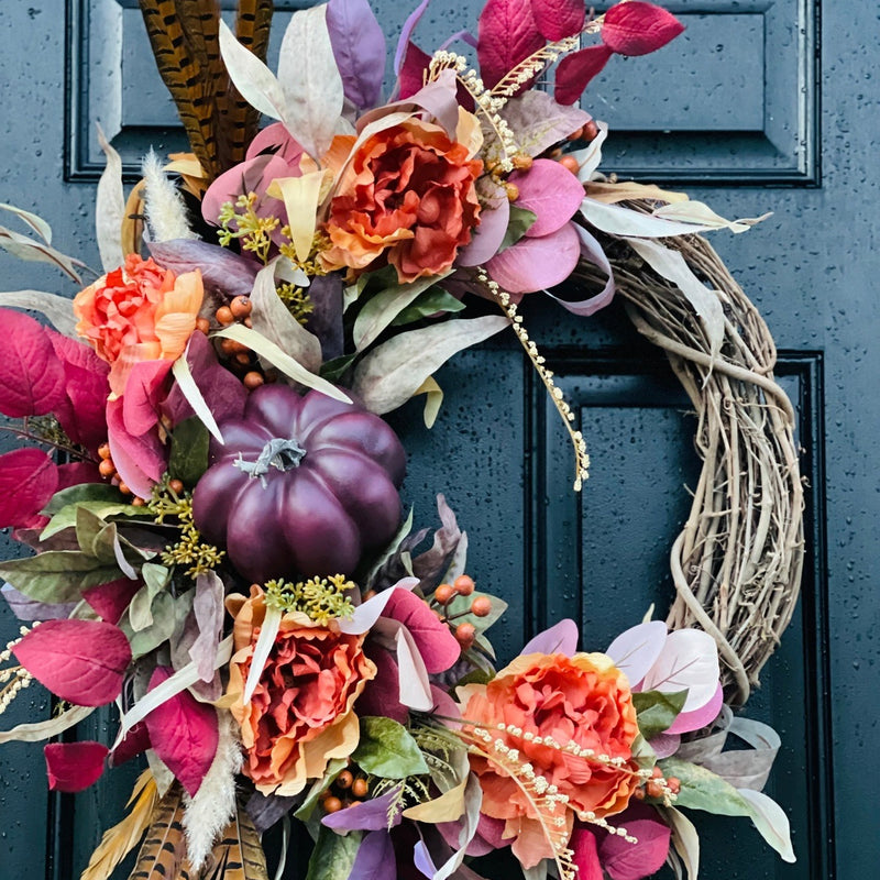 Autumn Harvest Wreath with Pumpkins and Peonies