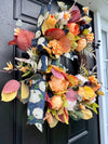 Autumn Peony Wreath w Blue and Orange Accents, Wreath with Faux Florals and Textured Accents.
