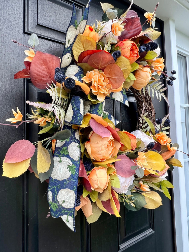 Autumn Peony Wreath w Blue and Orange Accents, Wreath with Faux Florals and Textured Accents.