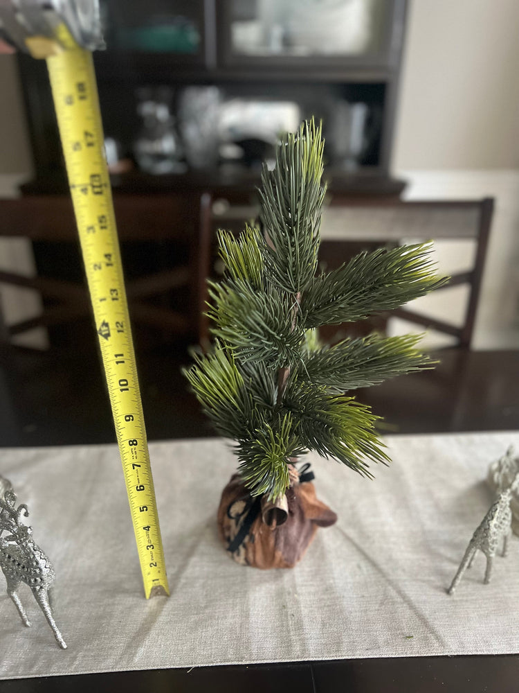 Mini Christmas Tree with Animal Print Wrap, Black Velvet Bow and Rustic Golden Bell