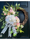 Spring Hydrangea Wreath with Buffalo Check bow