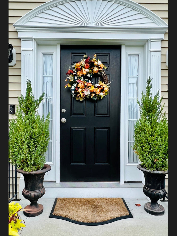 Autumn Peony Wreath w Blue and Orange Accents, Wreath with Faux Florals and Textured Accents.