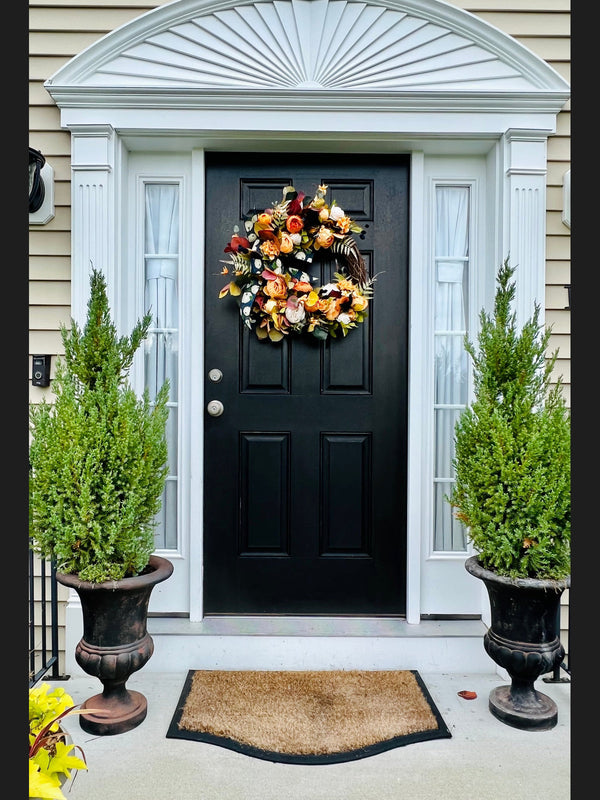 Autumn Peony Wreath w Blue and Orange Accents, Wreath with Faux Florals and Textured Accents.